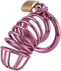 Elegant pink metal chastity cage featuring an ergonomic design, smooth surface, and a secure lock, ideal for intimate experiences.