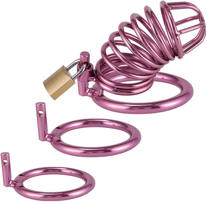 Stylish pink metal chastity cage set, including three adjustable cuff rings for a perfect fit, enhancing both comfort and control.