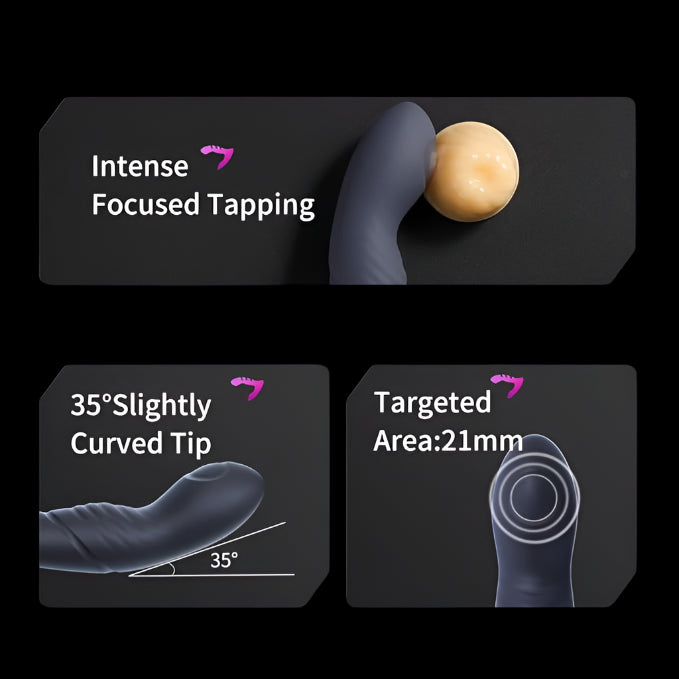 Detailed illustration of the prostate massager's features, including intense tapping functionality, slightly curved tip at 35°, and a targeted area dimension of 21mm for optimal performance.