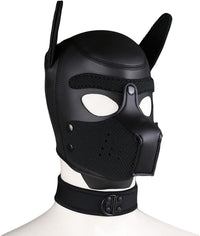 Stylish black puppy mask adorned with unique textures, complemented by a matching collar for an alluring aesthetic.