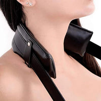 a close up of a woman wearing a neck cushion restraint