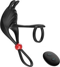 Silicone vibrating cock ring with remote control, featuring an adjustable cock and ball loop, designed for exquisite g-spot stimulation.