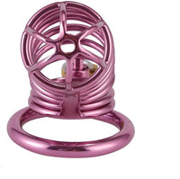 Exquisite pink chastity device featuring a fine mesh design and an elegant finish, complemented by matching rings for optimal adjustment.