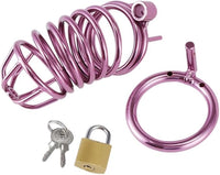 Luxurious pink metal chastity cage accompanied by keys and an additional ring, epitomising style and discreet pleasure.