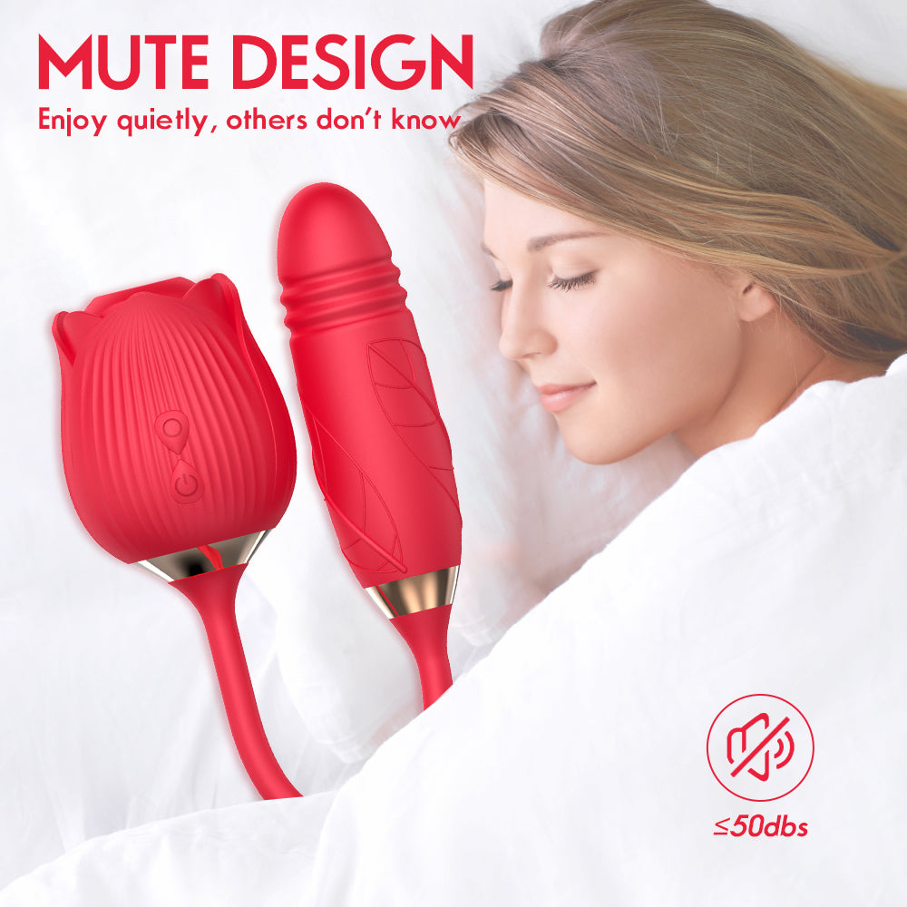 a woman laying in bed next to a red blow dryer