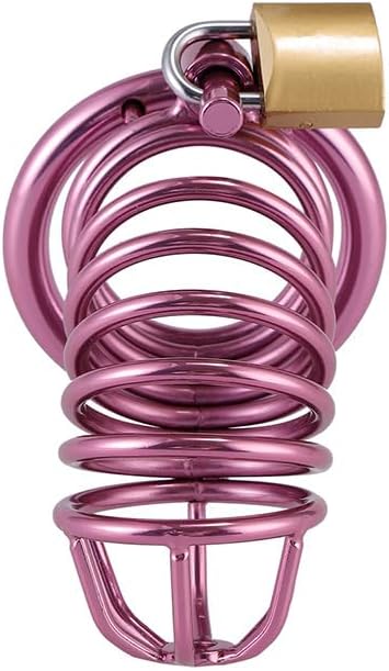 Sophisticated pink metal chastity device with a prominent lock, showcasing a sleek spiral design for an alluring aesthetic.