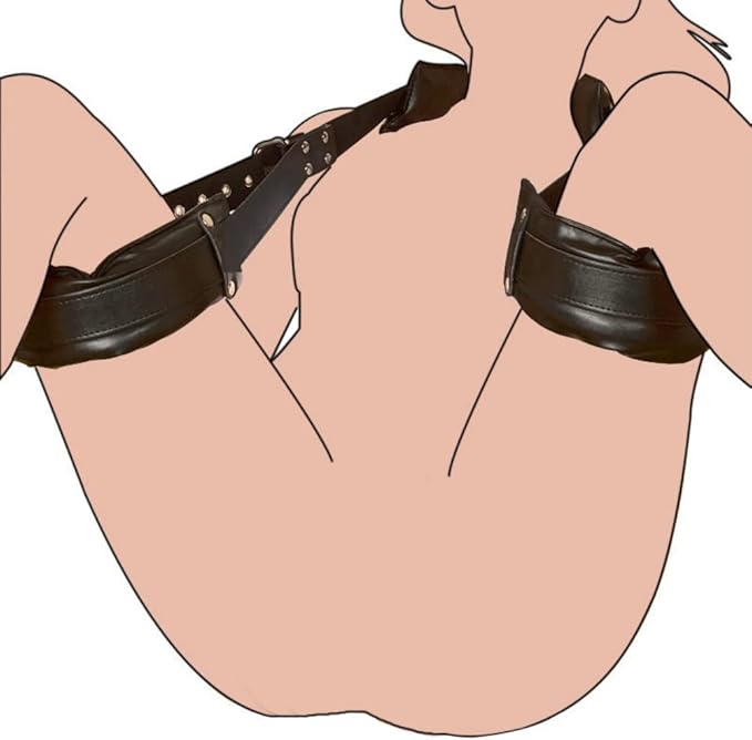 a person with a faux leather leg spreader harness