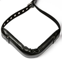 a black faux leather leg spreader with a metal buckle