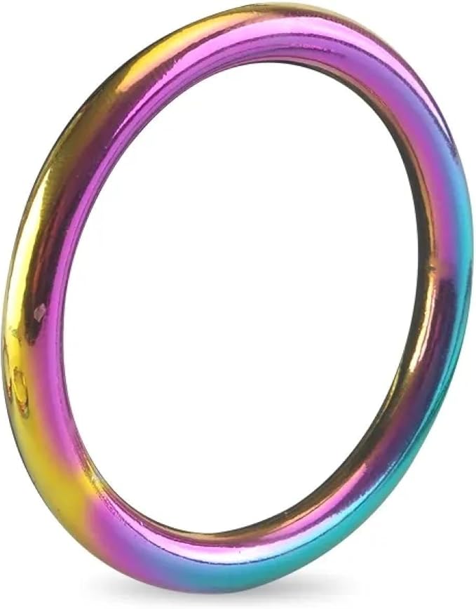 A single eye-catching, chrome metal cock ring with a stunning rainbow hue, exemplifying luxury and inviting exploration of pleasure.