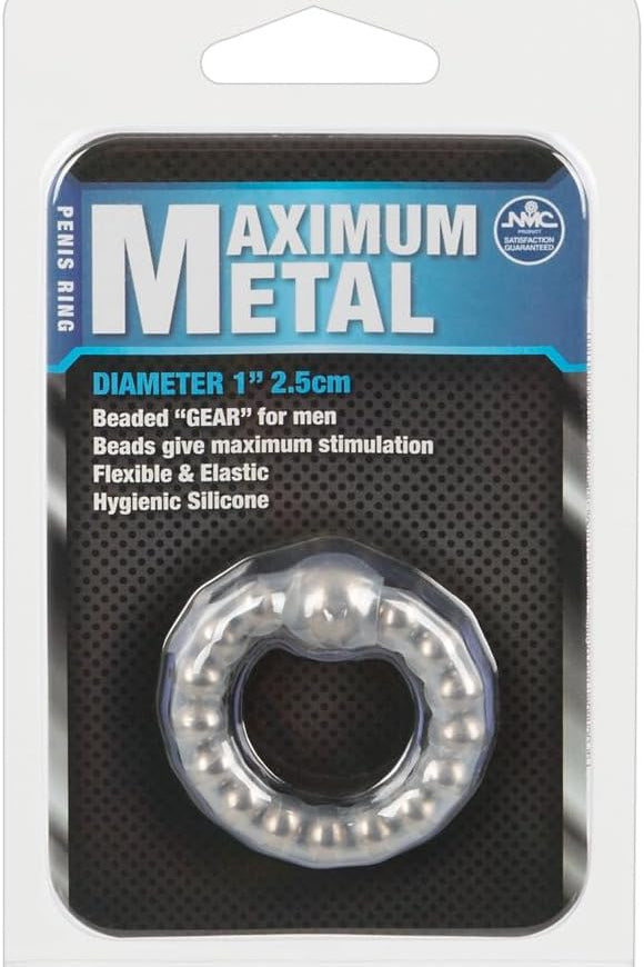 Nanma beaded metal cock ring with silicone-like sleeve and massaging beads for enhanced sensation and stimulation.