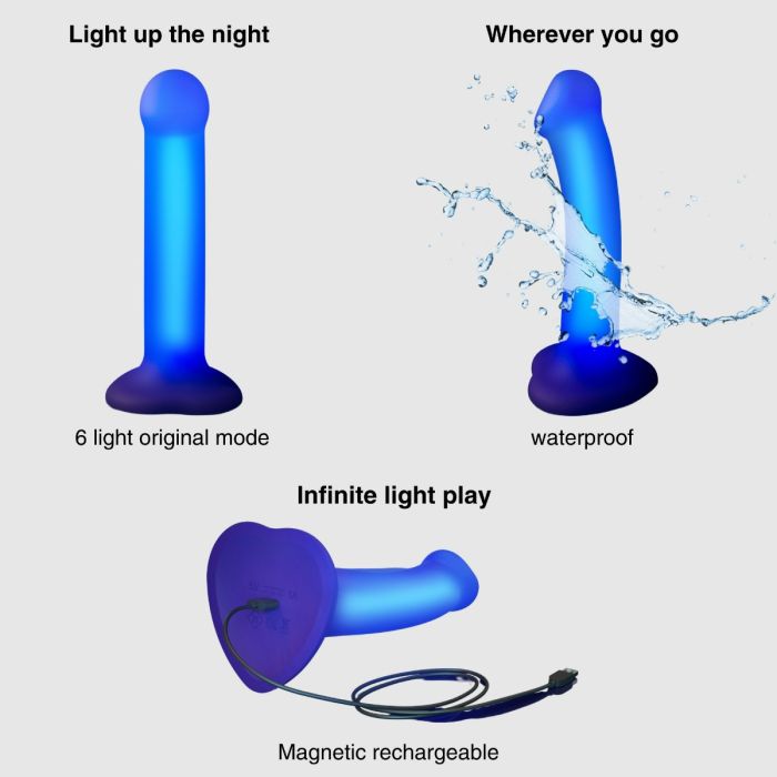 Stylish storage pouch for Strap On Me - Glow-LED Dildo Purple - M, highlighting its luxurious design and practical features.