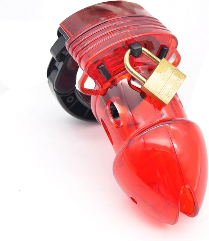 Chic red chastity device featuring a robust locking mechanism, highlighted by its sleek curves and open design for enhanced comfort and ventilation.