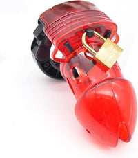 Chic red chastity device featuring a robust locking mechanism, highlighted by its sleek curves and open design for enhanced comfort and ventilation.