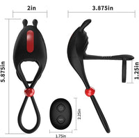 Visual representation of product dimensions for a luxury vibrating cock ring, highlighting size specifications along with an elegant remote.