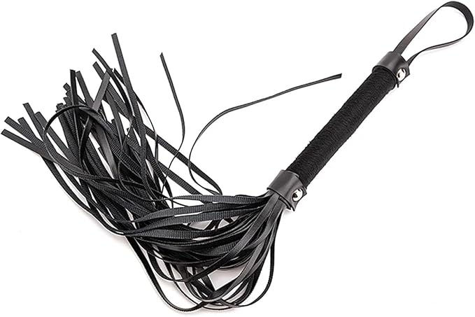 Artfully arranged black flogger with a textured handle, highlighting the intricate detail of its strands, perfect for sophisticated BDSM experiences.