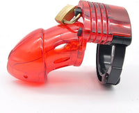 Luxurious red transparent chastity cage with a secure lock, showcasing an elegant design and smooth finish, ideal for intimate experiences.