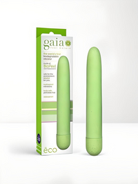 Gaia - The World's First Biodegradable Bullet Vibrator in green, beautifully displayed in stylish packaging, illustrating its sustainable and luxurious essence.