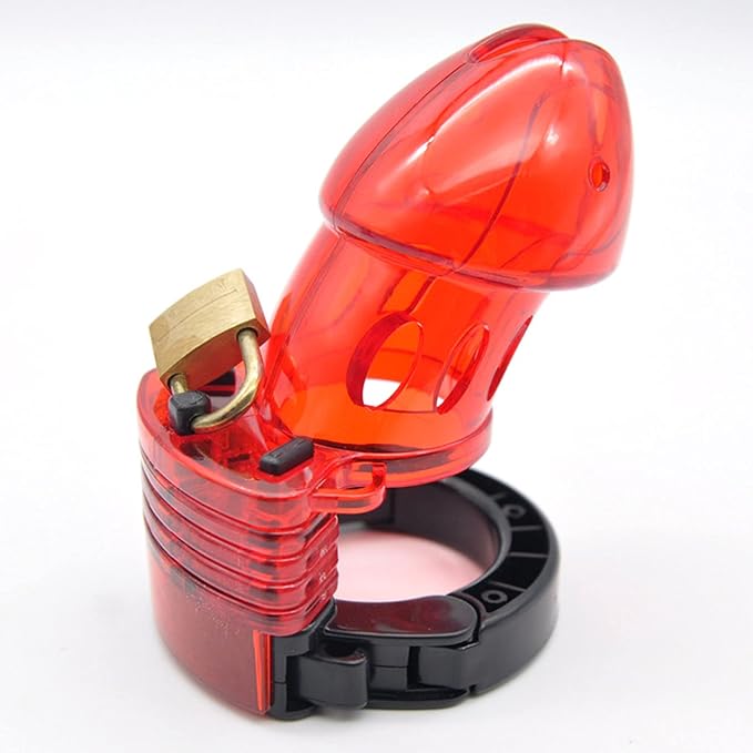 Stylish red transparent chastity cage anchored by a durable lock, emphasising exquisite craftsmanship and comfort for refined indulgence.