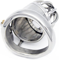 Sophisticated stainless steel chastity cage viewed from an angle, illustrating its intricate design and sturdy construction, ideal for long-term wear.