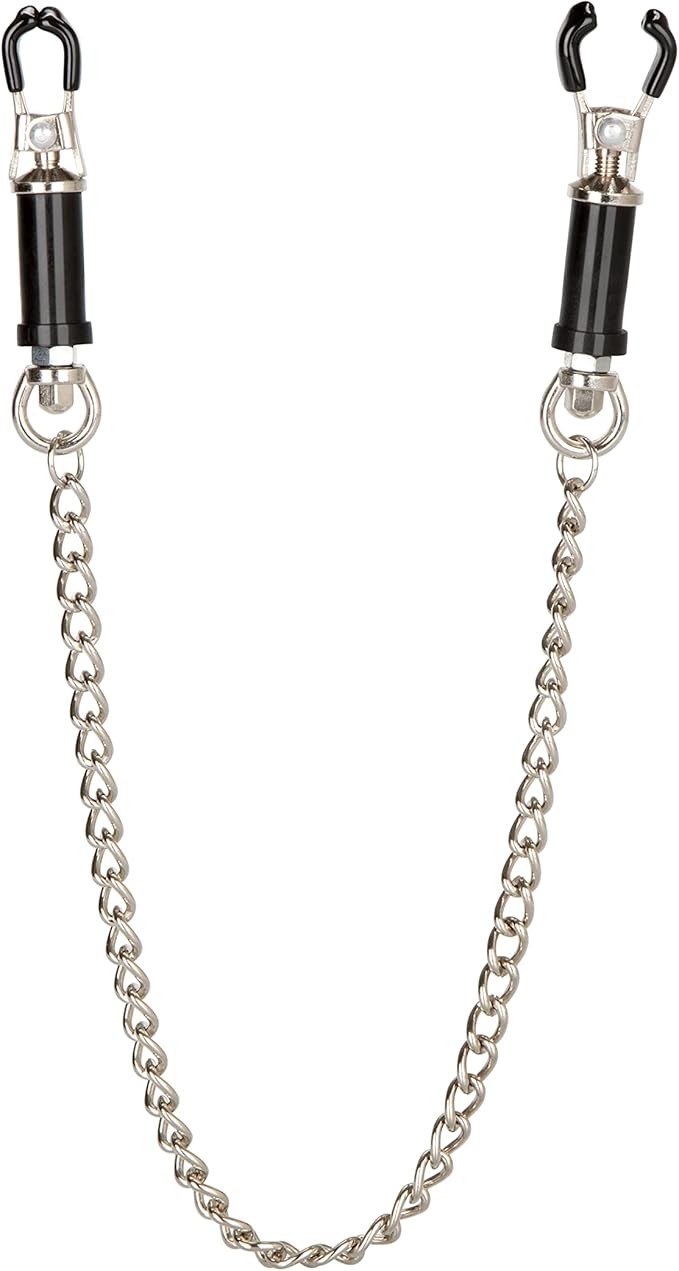 Sleek and modern nipple clamps with a resilient chain, showcasing rubber tip covers for added comfort, perfect for indulgent pleasure seekers.