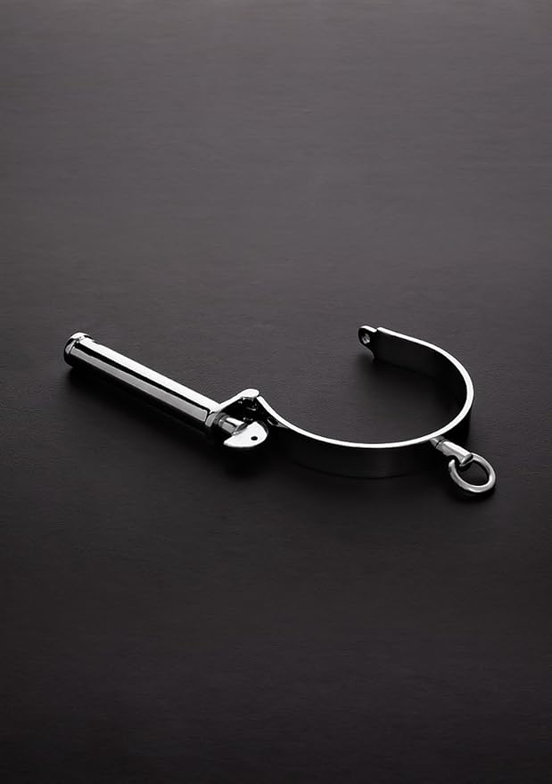 Medium stainless steel Darby style collar by Scandals, featuring a sleek, polished design with secure buckle and adjustable fit.