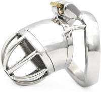 Artfully designed stainless steel chastity cage with a robust lock mechanism, emphasising luxury and quality for the discerning wearer.