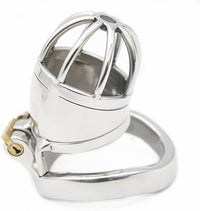 Refined small stainless steel chastity cage featuring a prominent cage-like top, showcasing craftsmanship in both form and function.