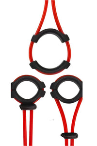 Showcase of multiple angles of the silicone adjustable cock ring, featuring its stylish black and red tones, designed for optimal fit and performance.