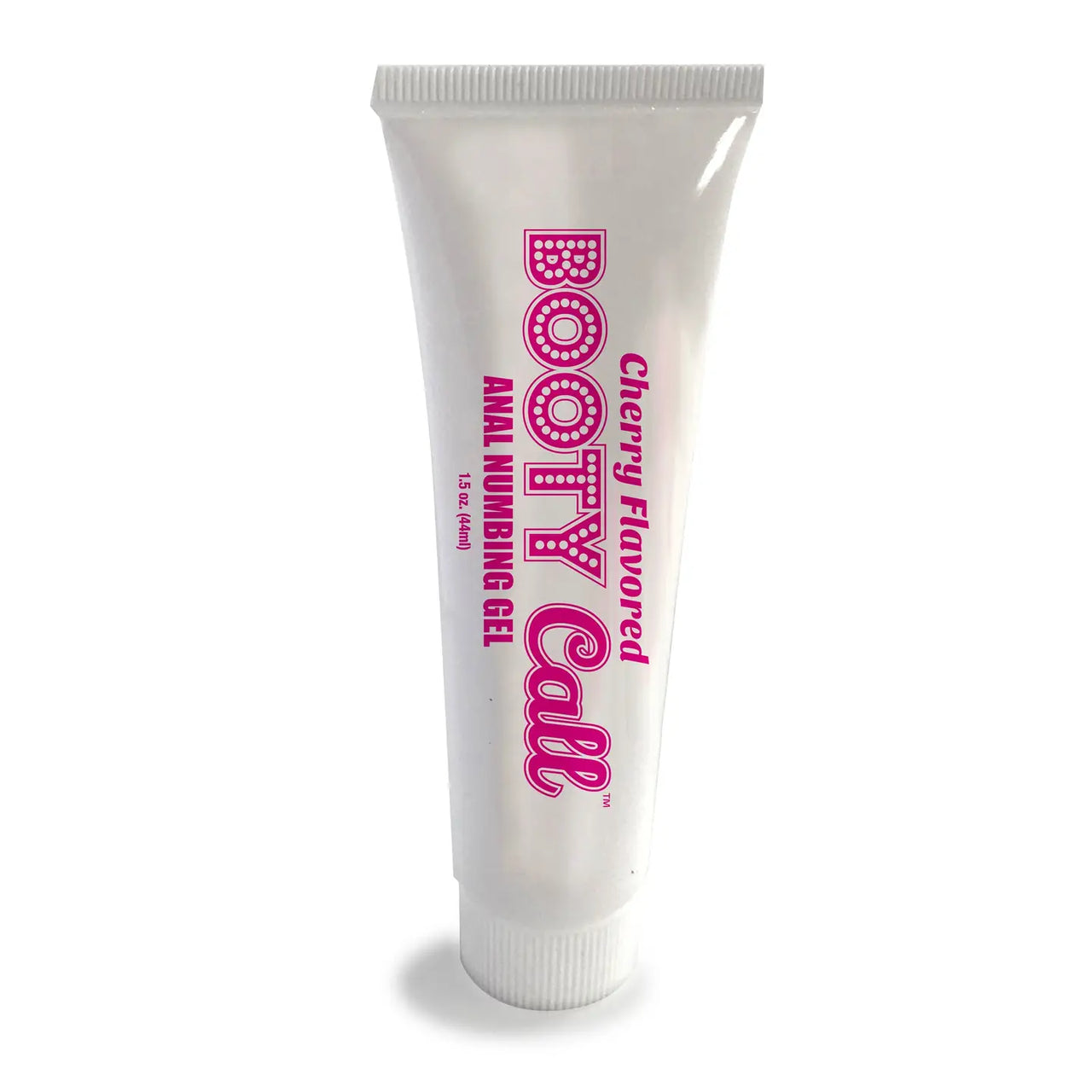 White tube of Booty Call analumbing gel with pink text on a white background
