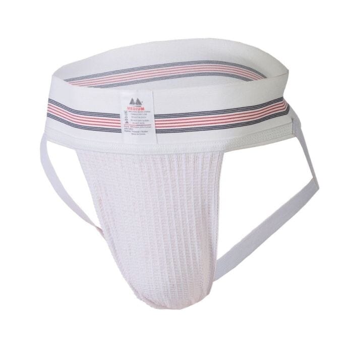 White men's jock strap by Scandals with white striped waistband, original Meyer Marketing design, featuring supportive fit and sporty style.