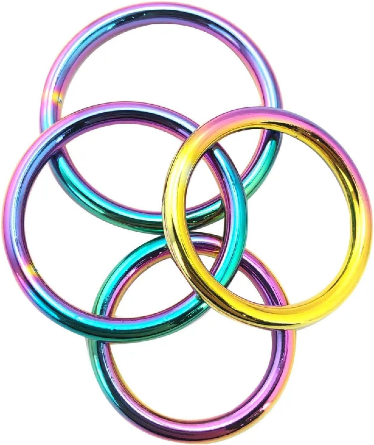 An elegant collection of colourful chrome metal cock rings, artistically stacked, featuring a captivating rainbow finish that embodies sophistication and enhances intimate experiences.