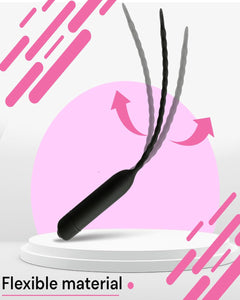 Flexible silicone vibrating sounding rod with 10 functions, designed for beginners, from Scandals, in a beaded dilator style.