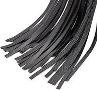 Close-up view of the intricate layered strands of a high-quality black flogger, showcasing its elegant design and craftsmanship.