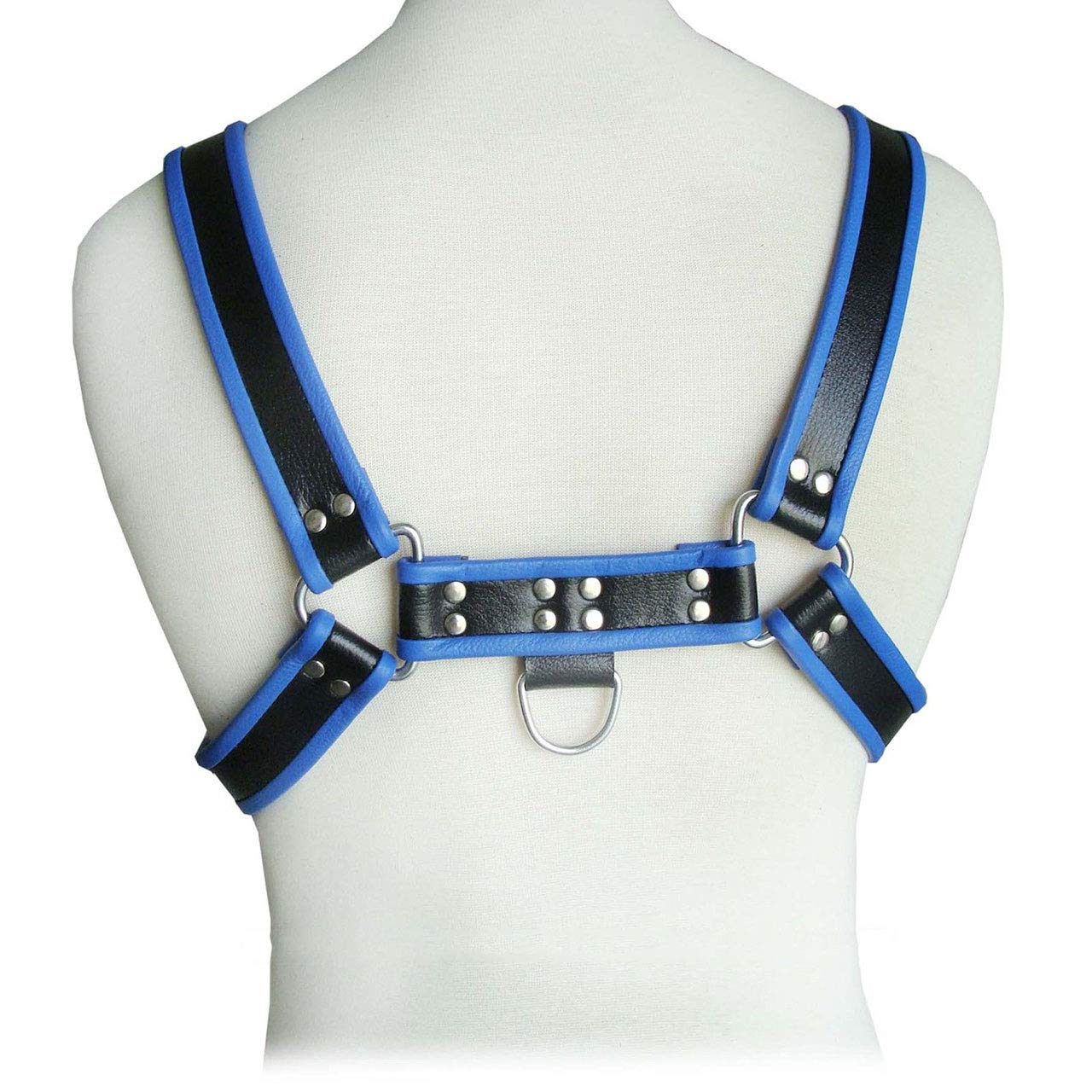 a white mannequin wearing a blue and black harness