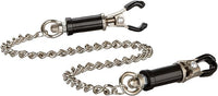 Refined nipple clamps connected by a shiny silver chain, featuring adjustable mechanisms and soft rubber tips, ideal for luxurious intimate experiences.