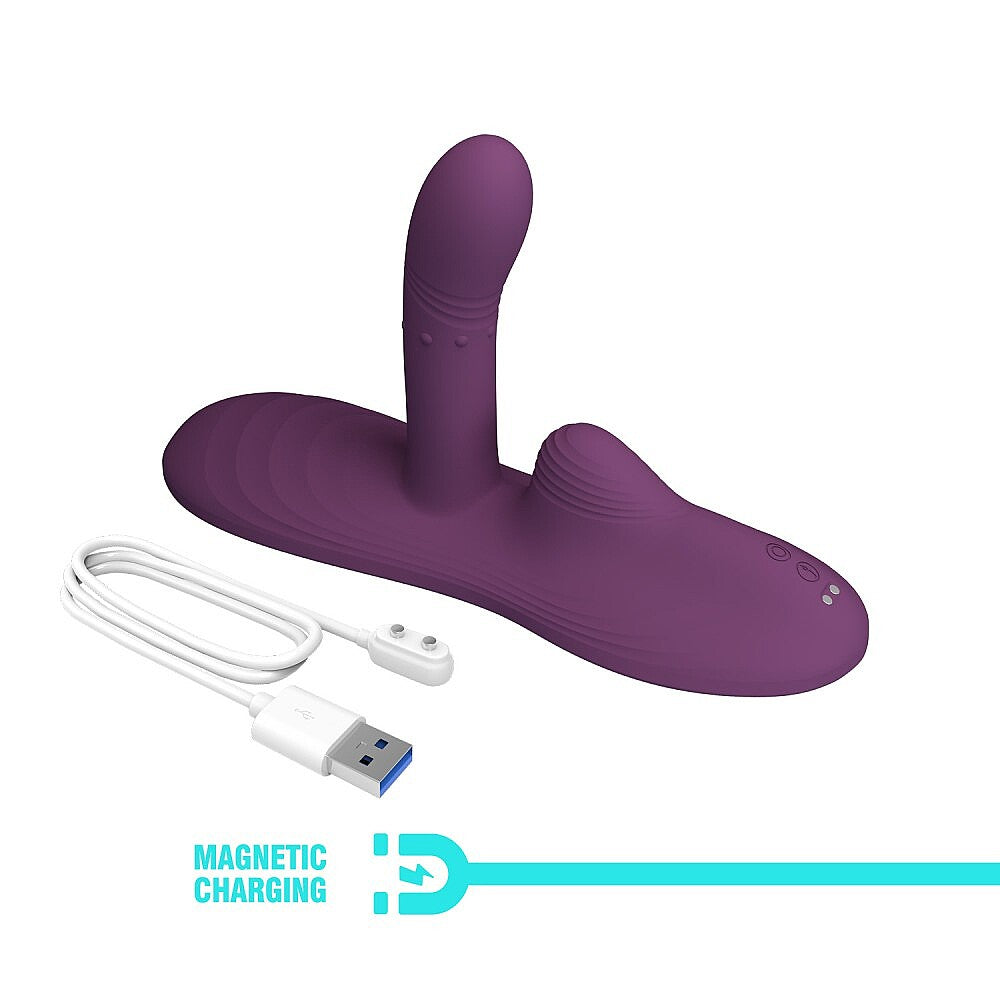 Pretty Love Luka (Purple) vibrating grinding pad elegantly set against luxurious fabric, accentuating its seductive appeal.
