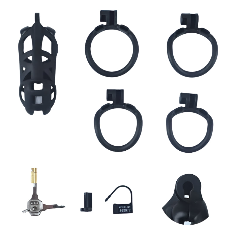 Luxury nylon resin chastity cage with adjustable snap rings and locking system, designed for comfort and secure wear.