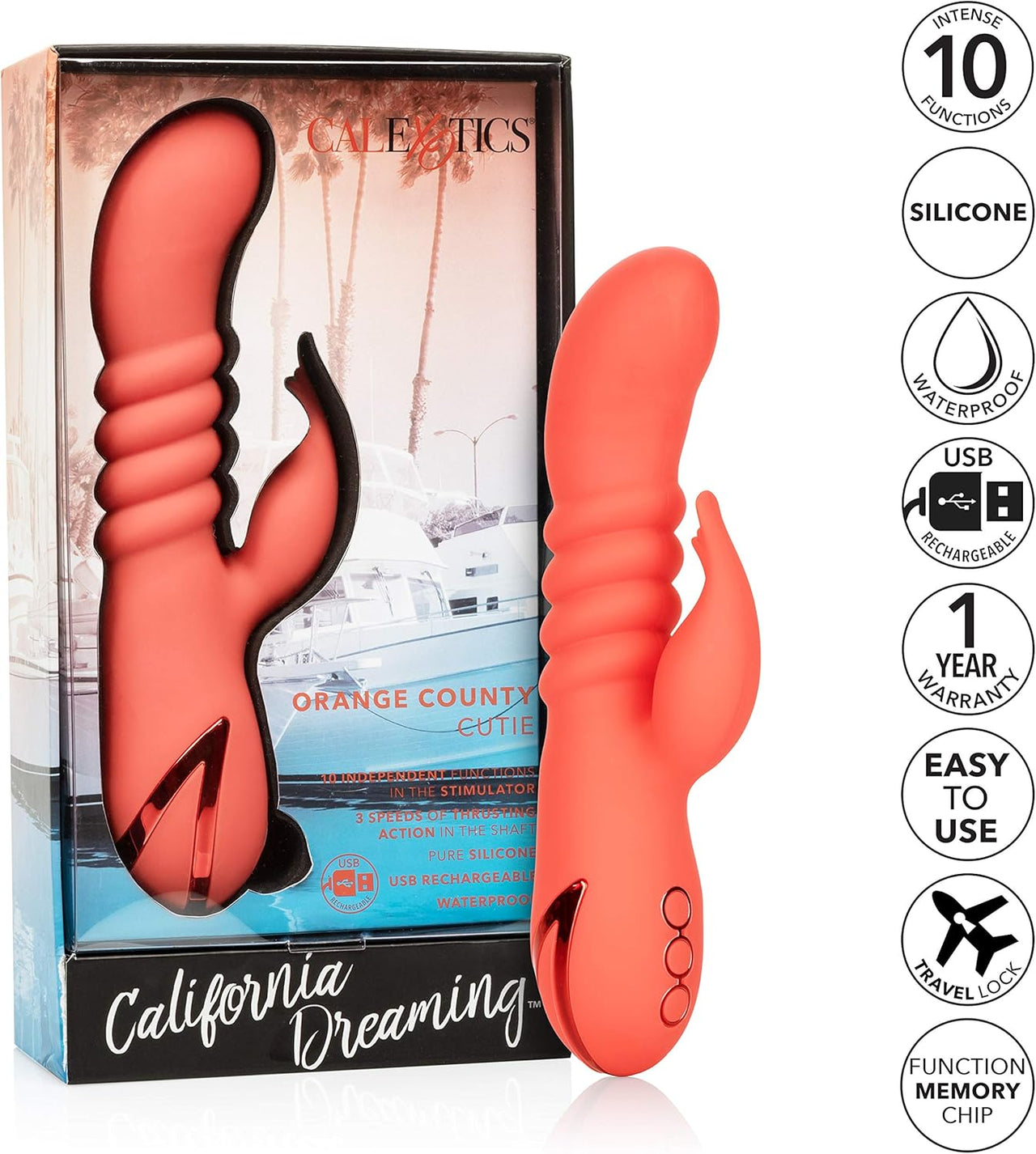 Lavishly packaged Orange County Cutie Thrusting Silicone Rabbit Vibrator from CaleExotics, featuring 10 functions and a sophisticated design for ultimate enjoyment.