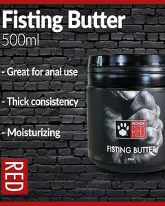 Prowler RED Fisting Butter 500ml bottle, smooth-thick lubricant for anal and vaginal use, in a clear plastic container.