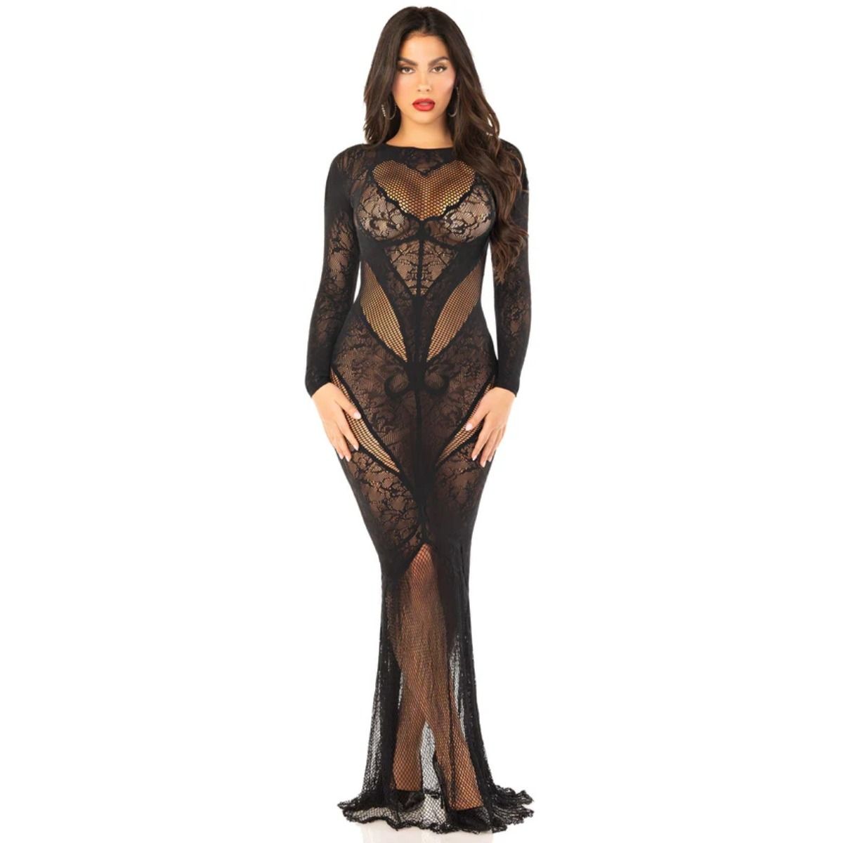 Elegant Lace and Net Bodycon Gown Black showcasing intricate lace detailing, embodying luxury and sophistication as a perfect lace bodycon gown.