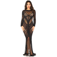 Elegant Lace and Net Bodycon Gown Black showcasing intricate lace detailing, embodying luxury and sophistication as a perfect lace bodycon gown.