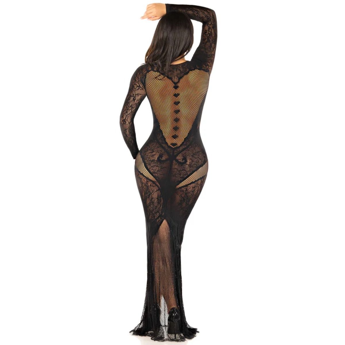 Sensational view of the Lace and Net Bodycon Gown Black, featuring a stunning silhouette and heart-shaped design, ideal for glamorous occasions as a lace bodycon gown.