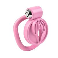 Close-up of the Pink Fake Vagina Sissy Chastity Cage, highlighting its luxurious ABS material and craftsmanship.