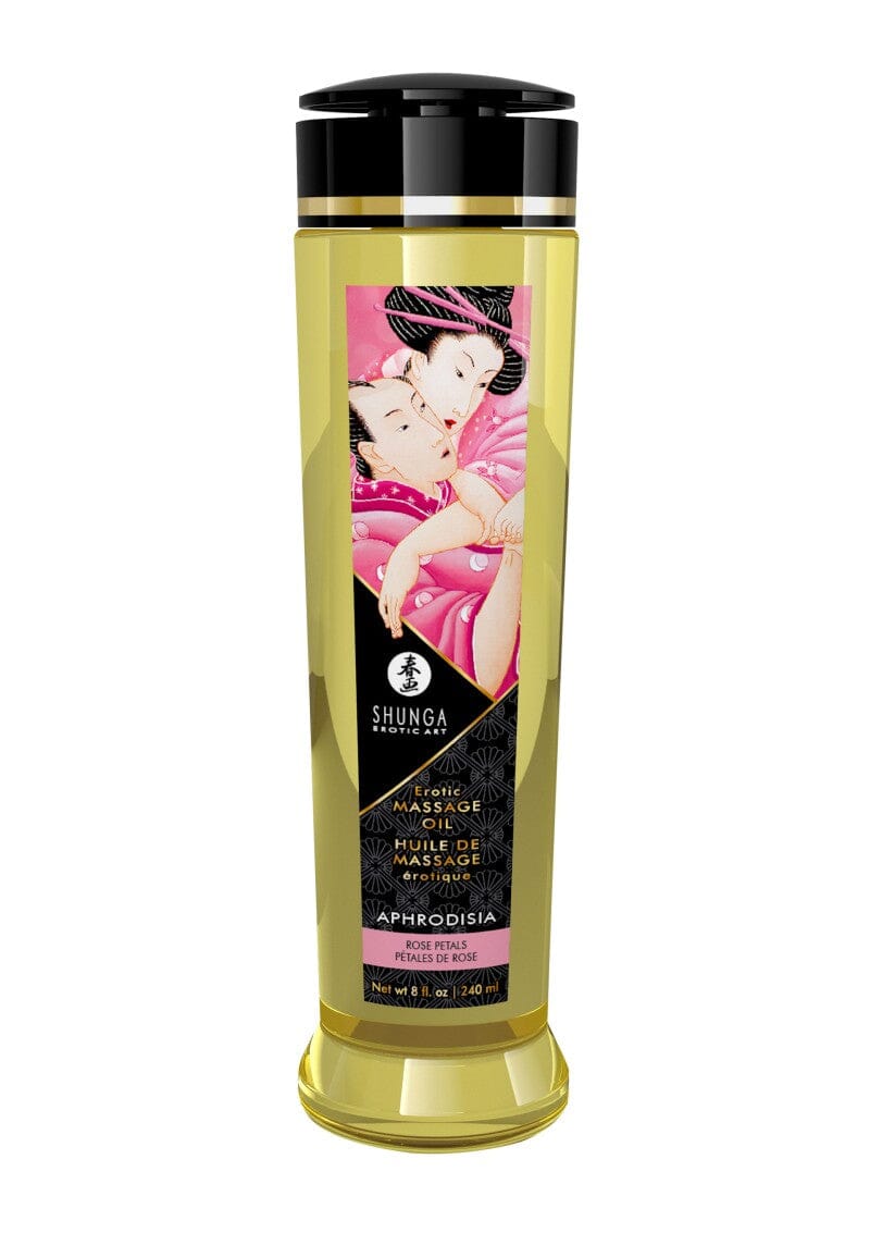 Shunga Erotic Massage Oil 240ml bottle with natural cold-pressed oils, vitamin E, non-greasy, pore-friendly for sensual massage use