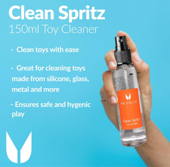 Me You Us Toy Cleaner Spray in a spray bottle, designed for safe and effective cleaning of toys and personal items.