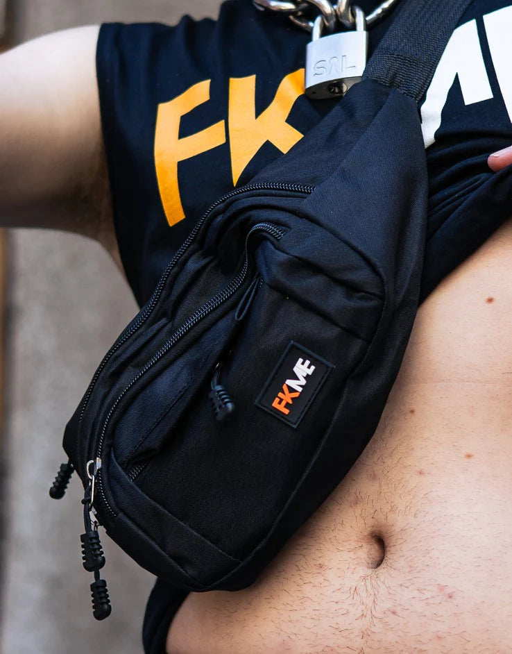 FKME Bumbag in black with adjustable strap, featuring the FKME logo and multiple compartments for convenient everyday use.