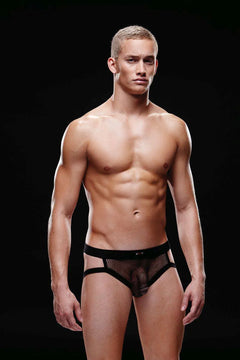Envy Menswear Fishnet Sport Strappy Jock, luxury black fishnet jock with supportive pouch and sporty waistband