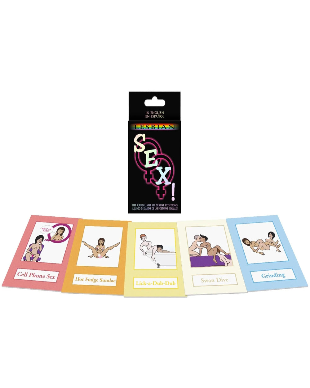 Lesbian sex card game by Kheper Games with colorful cards and dice for exploring fantasies and foreplay activities.