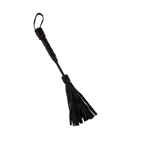 Black mini flogger with leather tails from Rouge Garments Ltd, designed for light BDSM play and sensation stimulation.