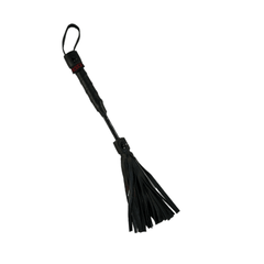 Black mini flogger with leather tails from Rouge Garments Ltd, designed for light BDSM play and sensation stimulation.